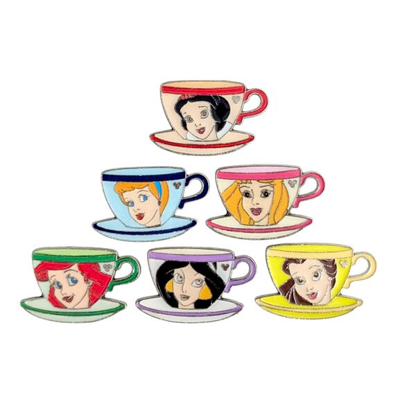 Disney Princess Pins: Snow White Cinderella Aurora Ariel Belle Jasmine Teacups